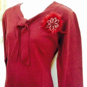 BETTE SUNG Sweater with Brooch, Size L, Color: Burgundy